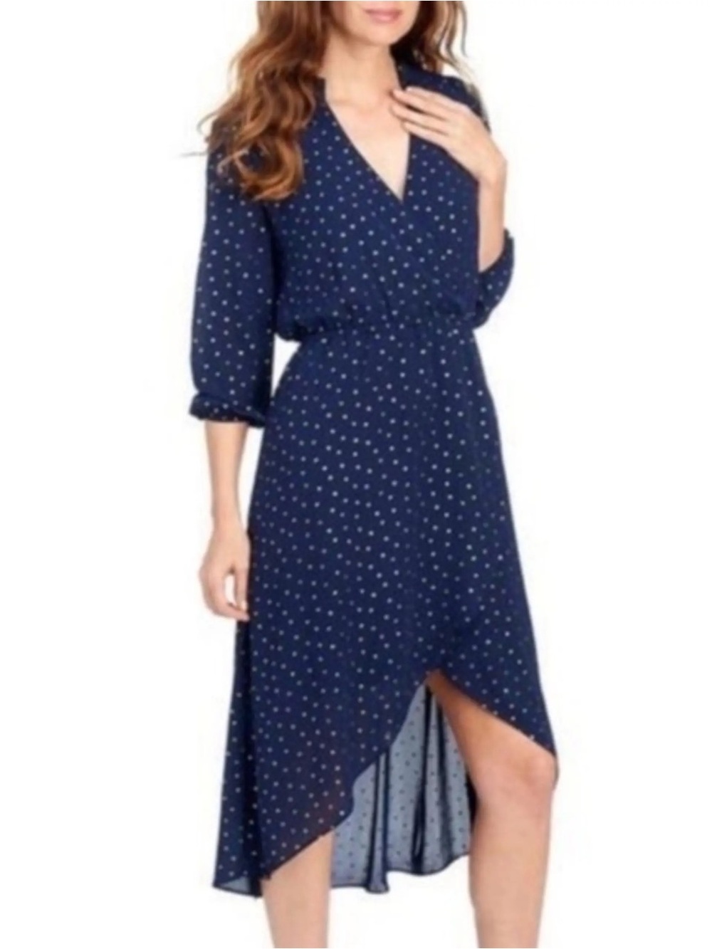 Laundry by Shelli Segal navy with gold polka dot stars faux wrap hi-low dress
